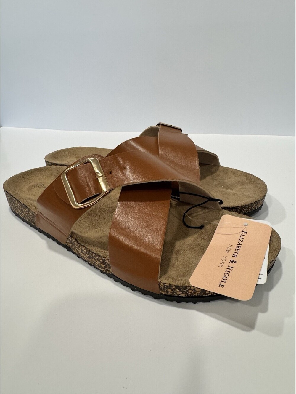 Elizabeth & Nicole NWT Women’s Brown Cross Strap Slide Sandals Cork Footbed 11